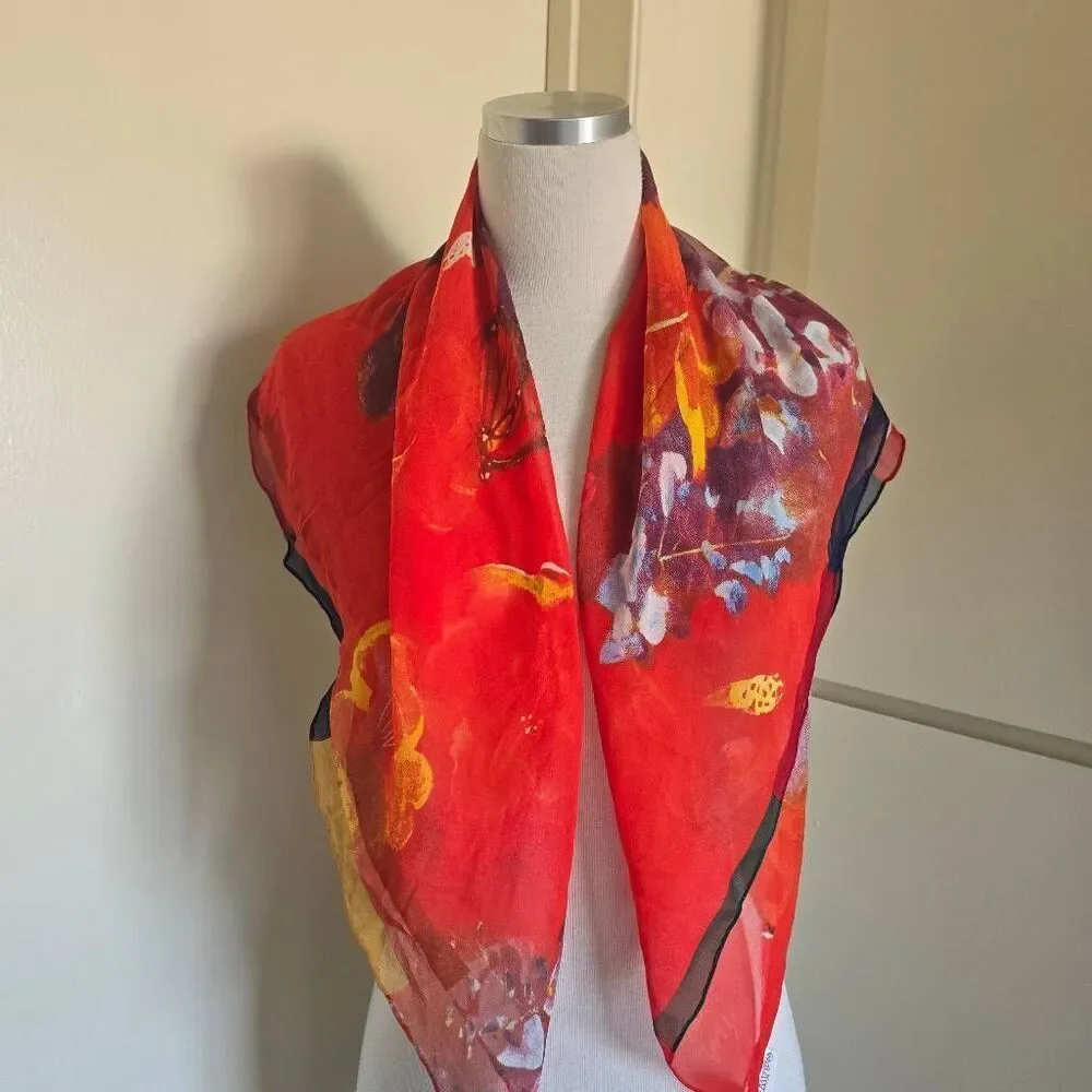 Honolulu Museum of Art Silk Square Scarf, Abstract Butterfly/Floral Print, NWOT